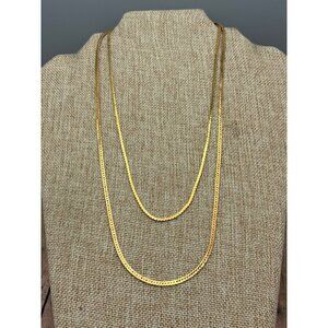 Gold Tone Herringbone Double Strand Chain Necklace Convertible 2 Chains 17" 21"